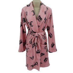 Juicy Couture L/XL Extra Large Pink Black Logo Crown Plush Bathrobe Robe NEW